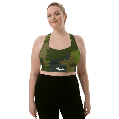 Michigan Upper Peninsula Longline Sports Bra (w/ UP Outline) | Woodland Camo