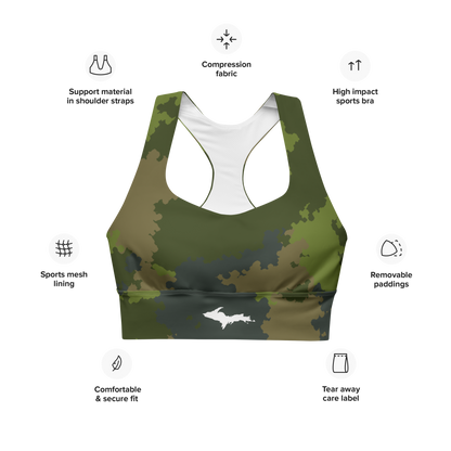 Michigan Upper Peninsula Longline Sports Bra (w/ UP Outline) | Woodland Camo