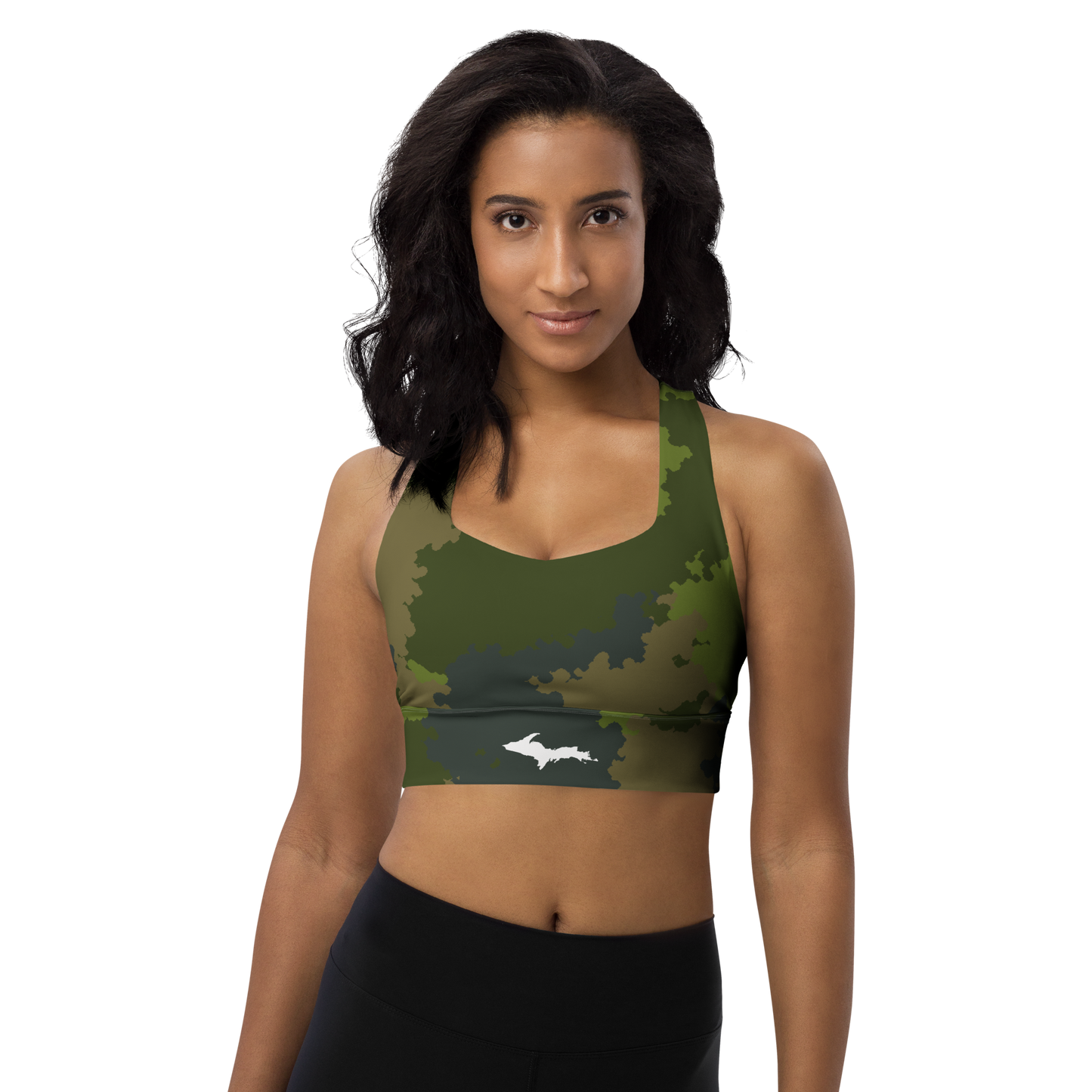 Michigan Upper Peninsula Longline Sports Bra (w/ UP Outline) | Woodland Camo