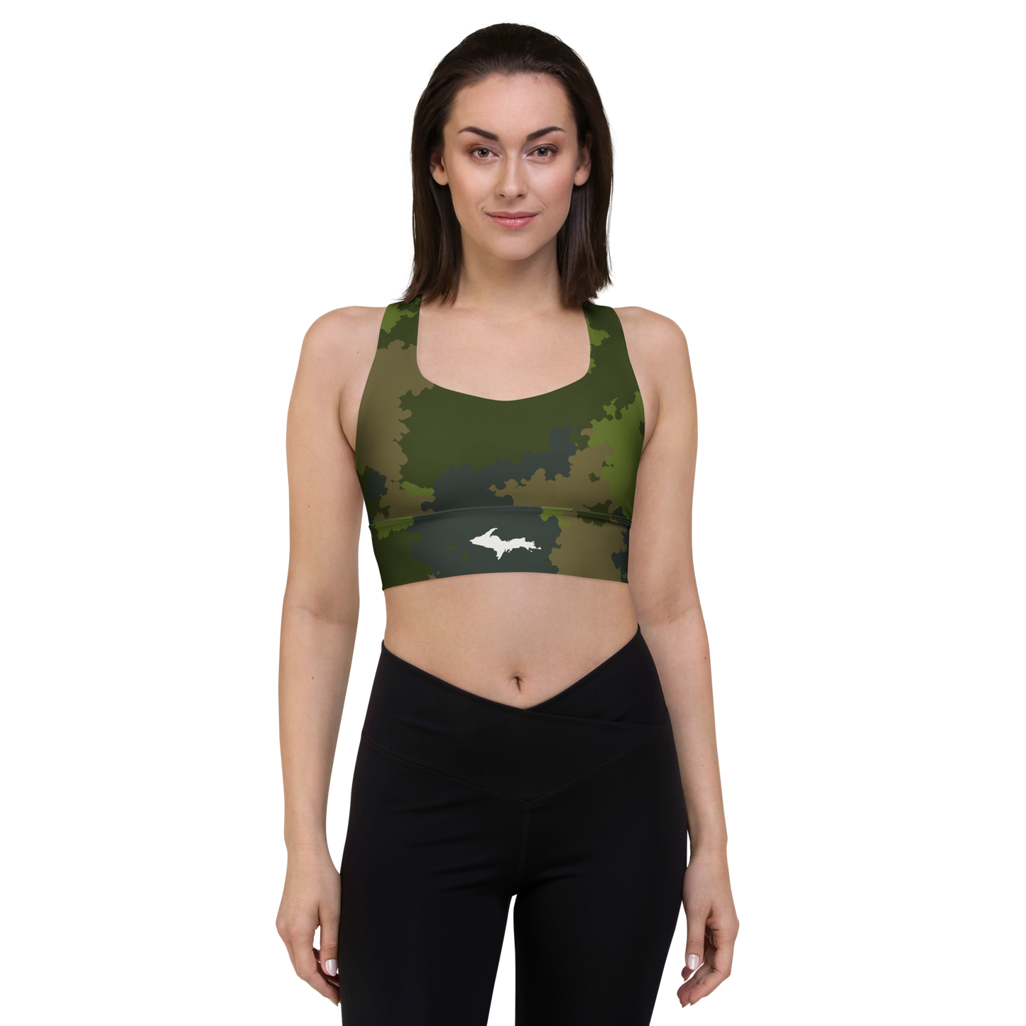 Michigan Upper Peninsula Longline Sports Bra (w/ UP Outline) | Woodland Camo