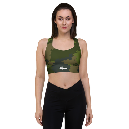 Michigan Upper Peninsula Longline Sports Bra (w/ UP Outline) | Woodland Camo