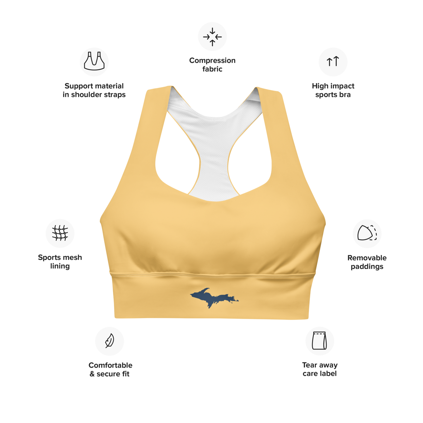 Michigan Upper Peninsula Longline Sports Bra (w/ UP Outline) | Citrine