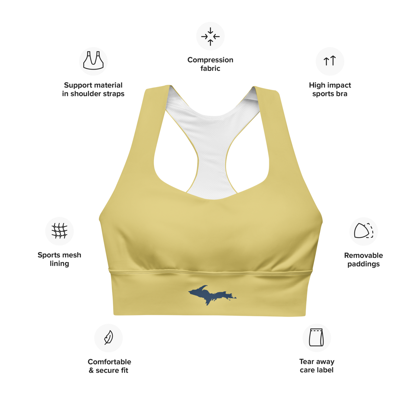 Michigan Upper Peninsula Longline Sports Bra (w/ UP Outline) | Plum Yellow