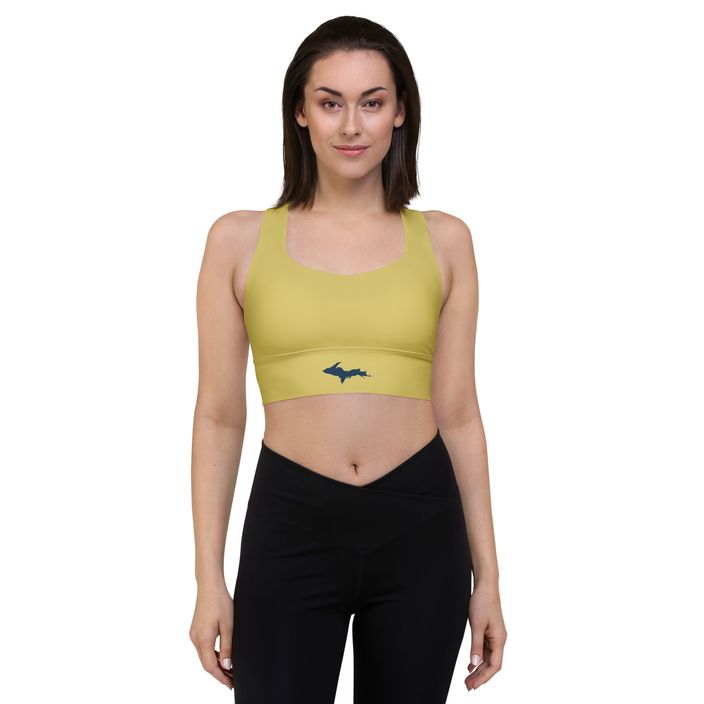 Michigan Upper Peninsula Longline Sports Bra (w/ UP Outline) | Plum Yellow