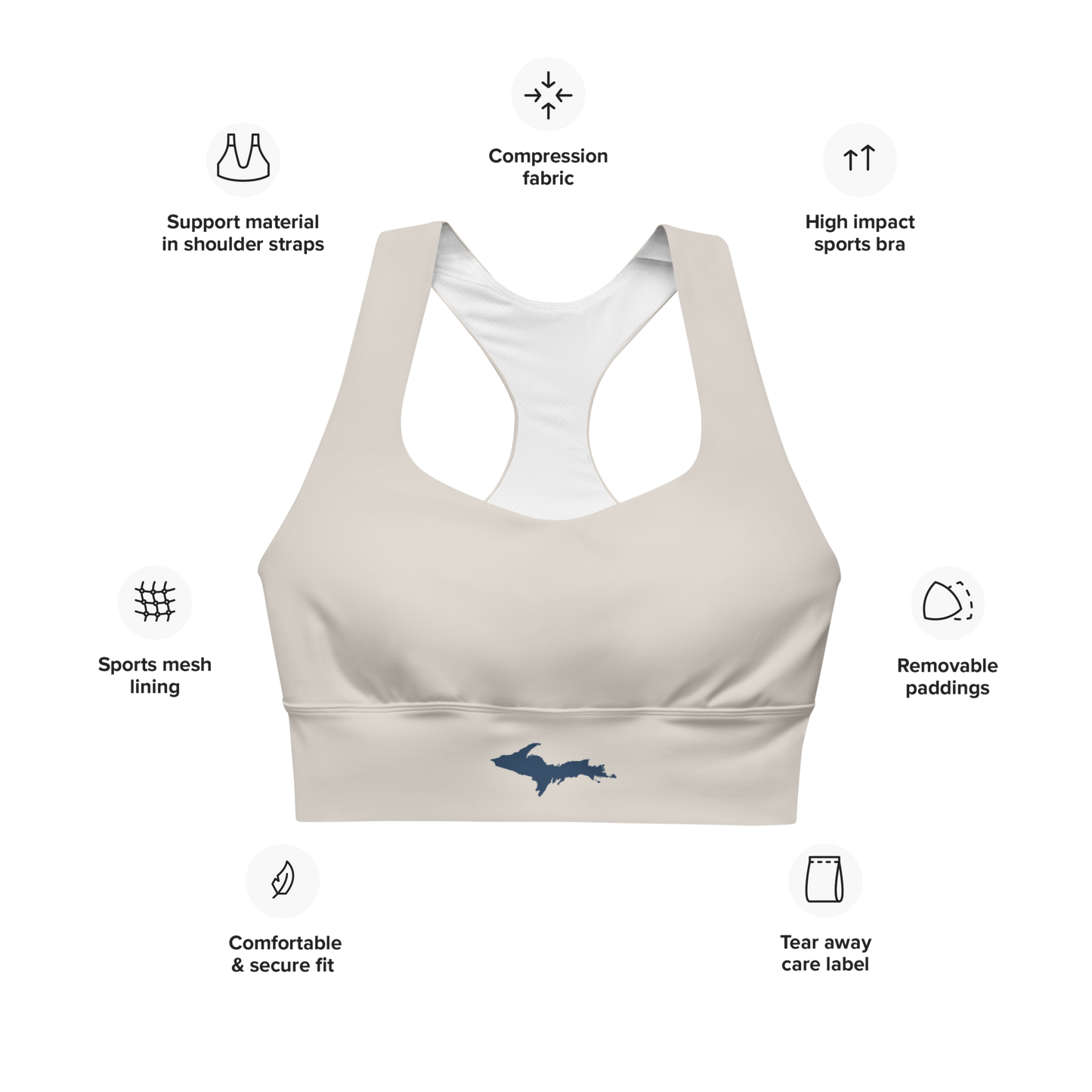 Michigan Upper Peninsula Longline Sports Bra (w/ UP Outline) | Canvas Color