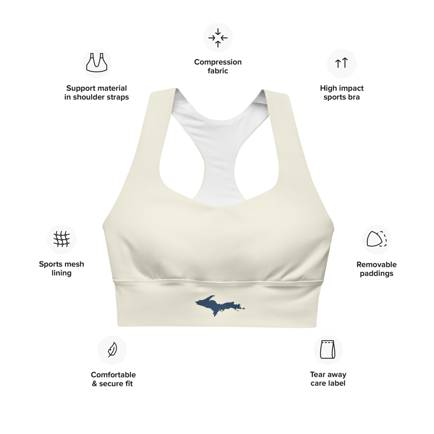 Michigan Upper Peninsula Longline Sports Bra (w/ UP Outline) | Ivory White