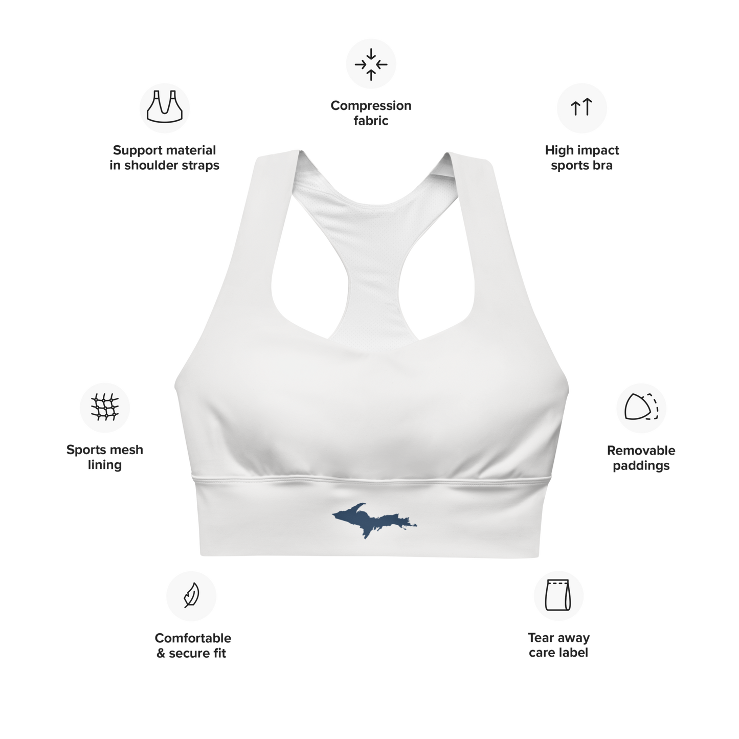 Michigan Upper Peninsula Longline Sports Bra (w/ UP Outline) | Birch Bark White