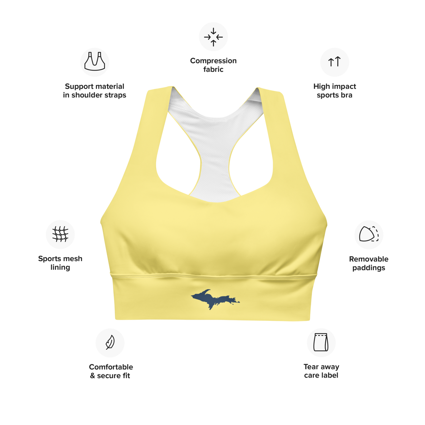 Michigan Upper Peninsula Longline Sports Bra (w/ UP Outline) | Cherry Yellow