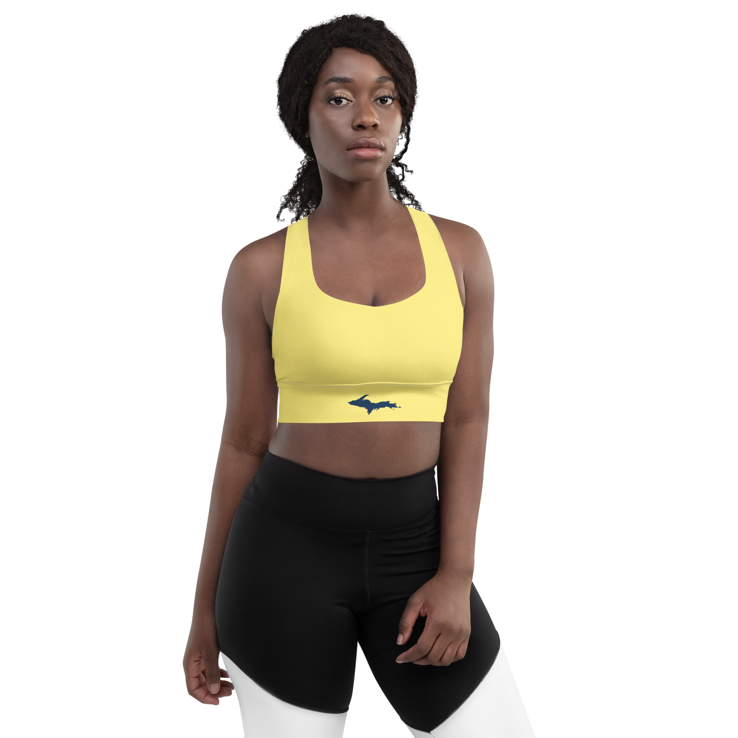 Michigan Upper Peninsula Longline Sports Bra (w/ UP Outline) | Cherry Yellow