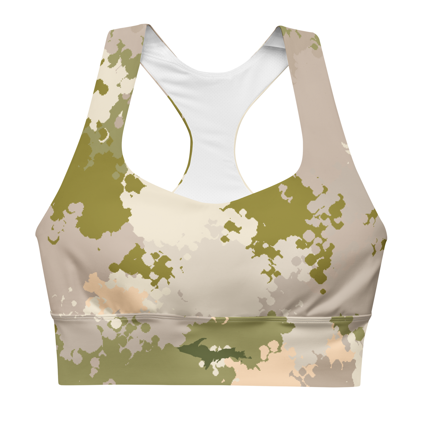 Michigan Upper Peninsula Longline Sports Bra (w/ UP Outline) | Rosy Mound Camo