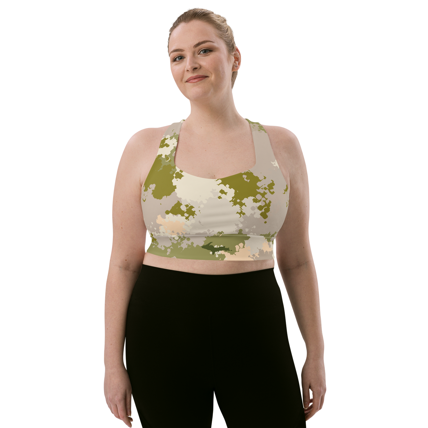 Michigan Upper Peninsula Longline Sports Bra (w/ UP Outline) | Rosy Mound Camo