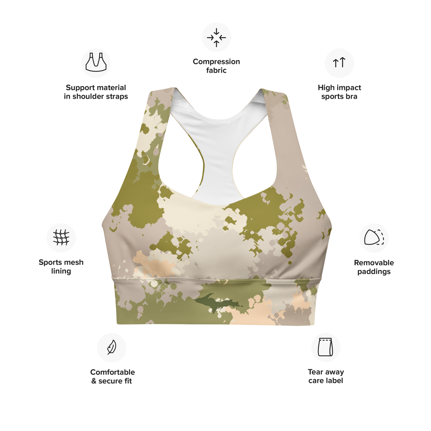 Michigan Upper Peninsula Longline Sports Bra (w/ UP Outline) | Rosy Mound Camo