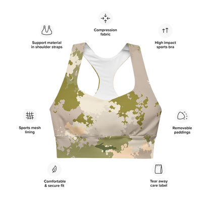 Michigan Upper Peninsula Longline Sports Bra (w/ UP Outline) | Rosy Mound Camo