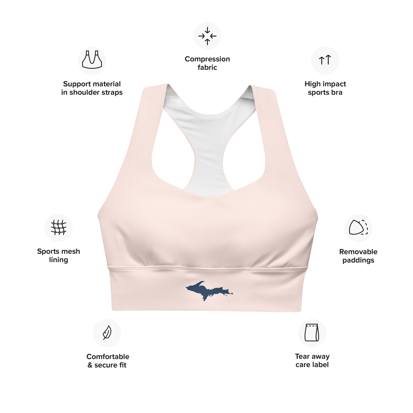 Michigan Upper Peninsula Longline Sports Bra (w/ UP Outline) | Champagne Pink