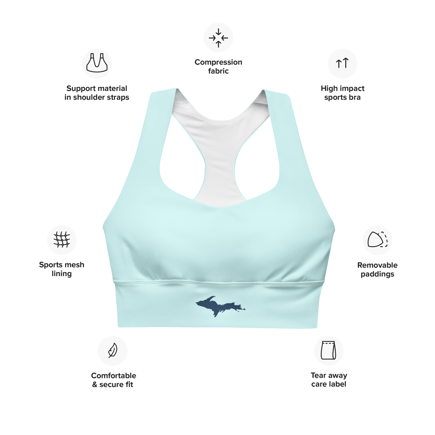 Michigan Upper Peninsula Longline Sports Bra (w/ UP Outline) | Cyan