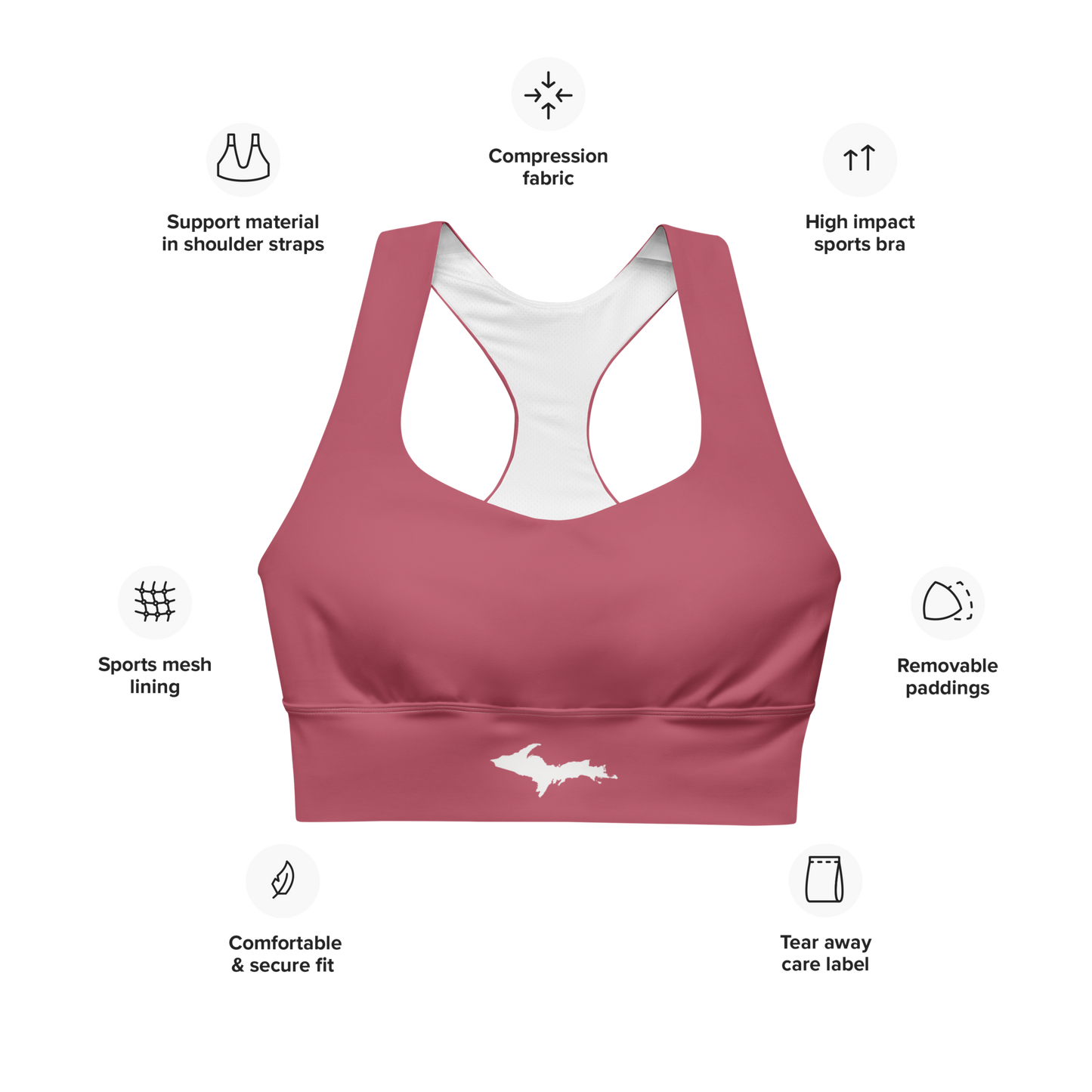 Michigan Upper Peninsula Longline Sports Bra (w/ UP Outline) | Popstar Pink