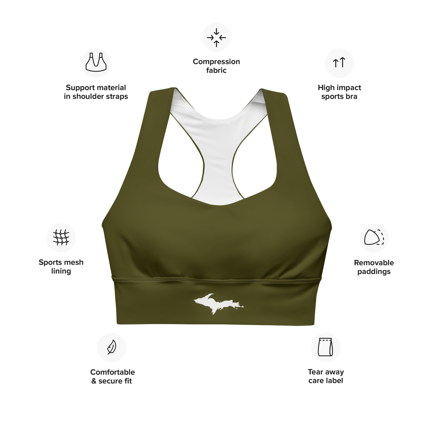 Michigan Upper Peninsula Longline Sports Bra (w/ UP Outline) | Military Green