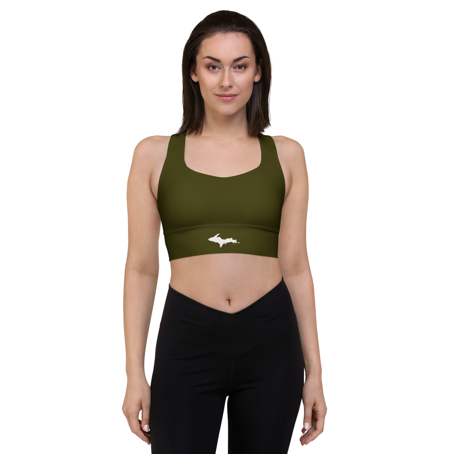 Michigan Upper Peninsula Longline Sports Bra (w/ UP Outline) | Military Green