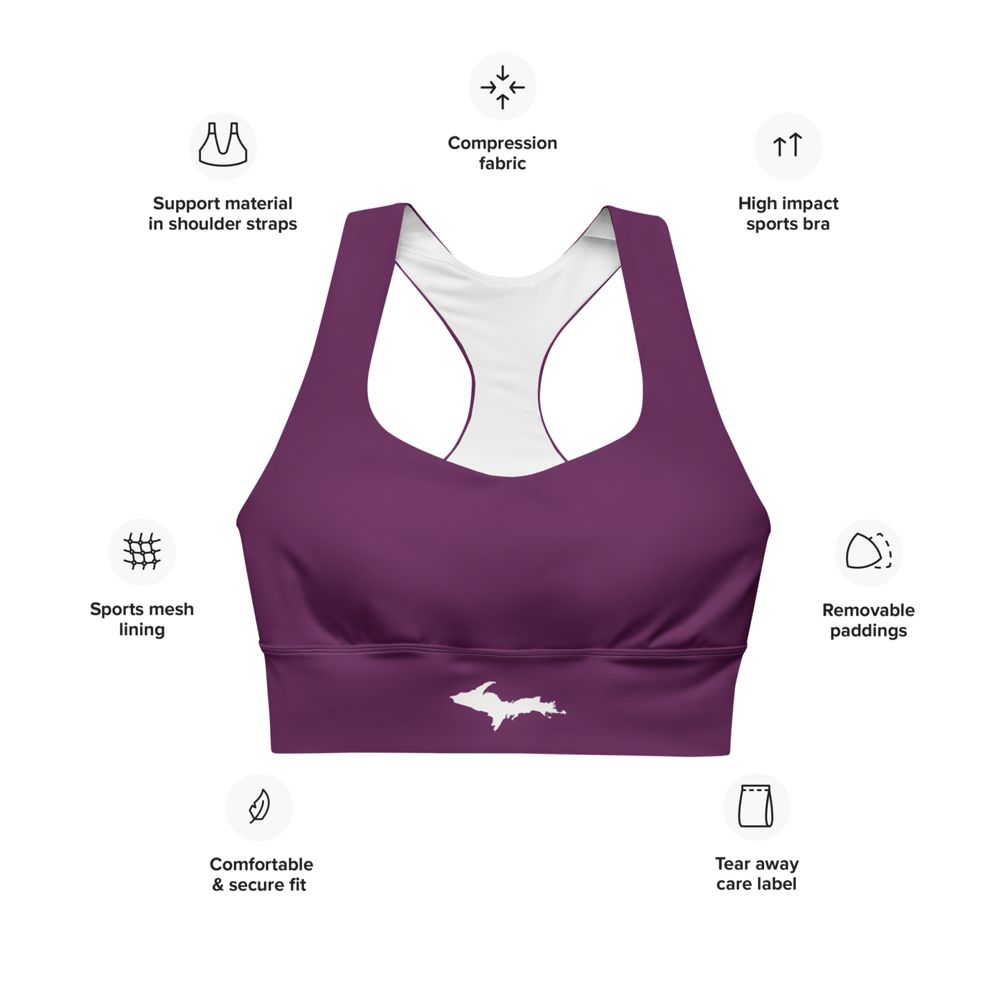 Michigan Upper Peninsula Longline Sports Bra (w/ UP Outline) | Tyrian Purple