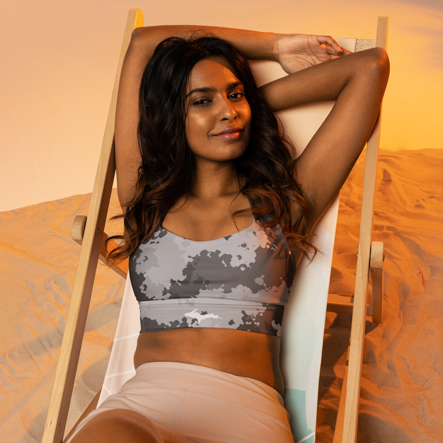 Michigan Upper Peninsula Longline Sports Bra (w/ UP Outline) | Iron Ore Grey