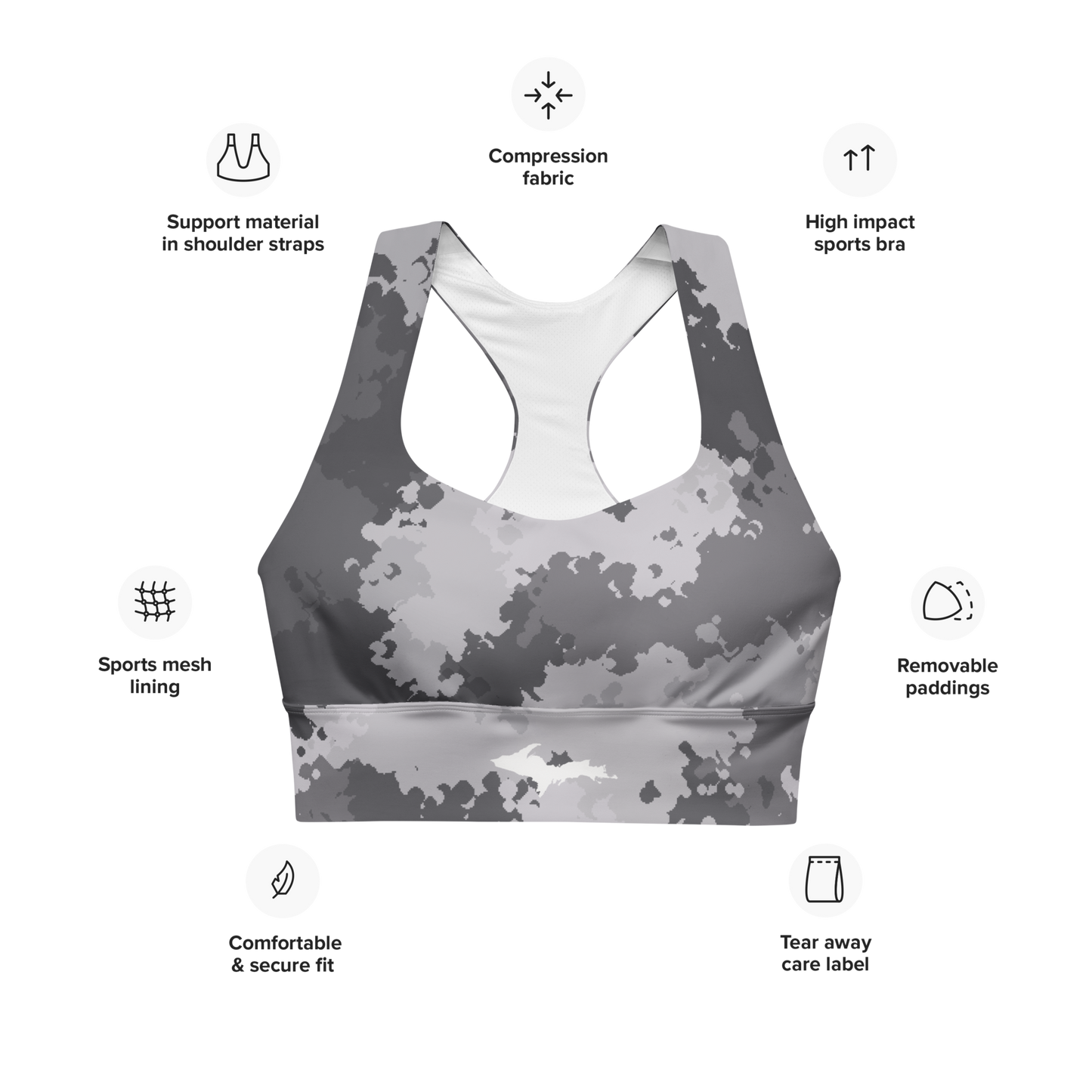 Michigan Upper Peninsula Longline Sports Bra (w/ UP Outline) | Iron Ore Grey