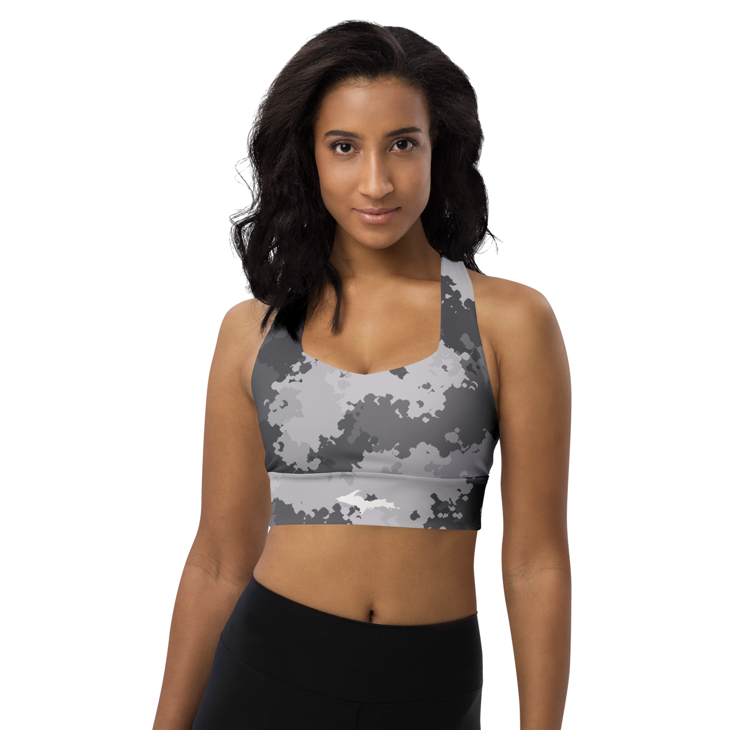 Michigan Upper Peninsula Longline Sports Bra (w/ UP Outline) | Iron Ore Grey