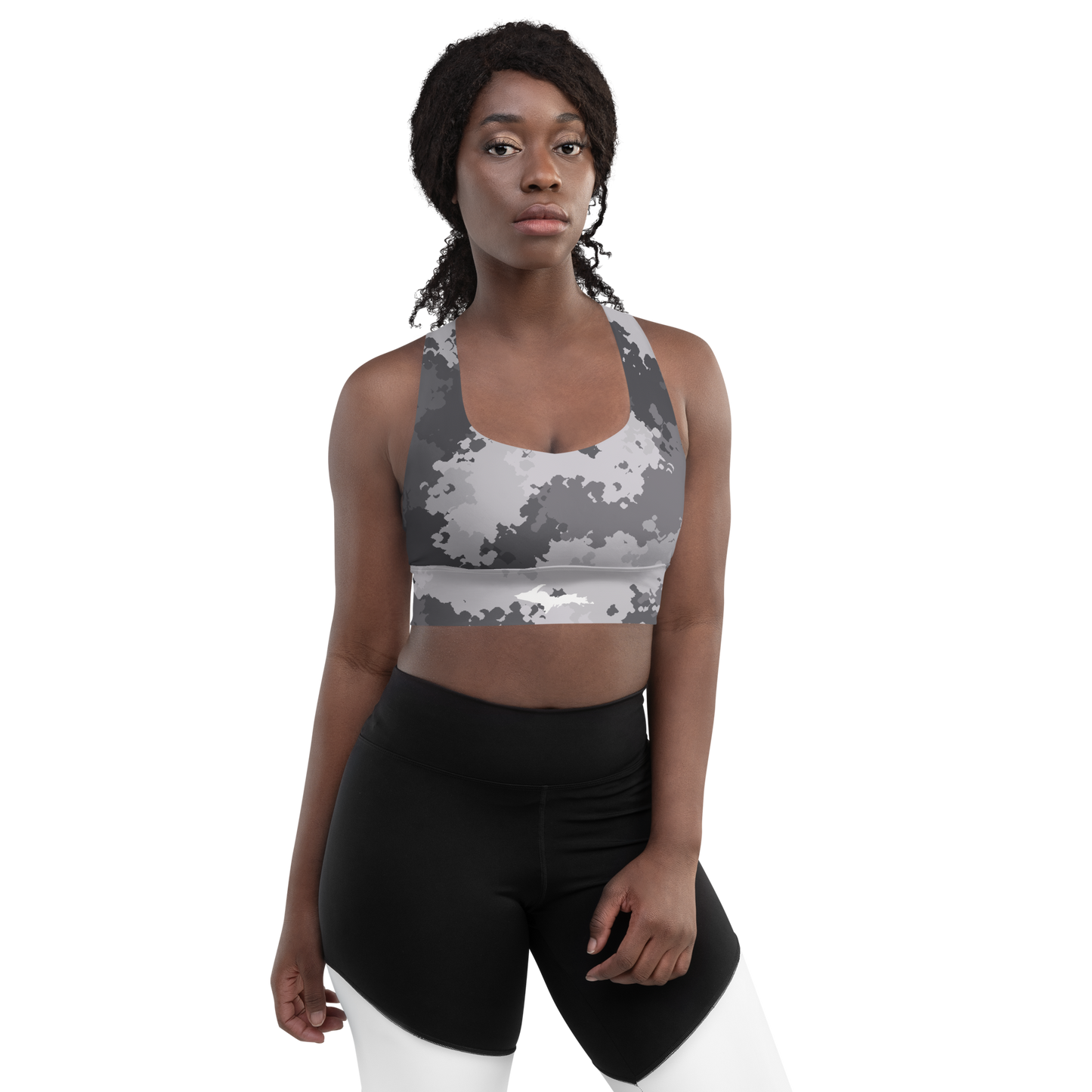 Michigan Upper Peninsula Longline Sports Bra (w/ UP Outline) | Iron Ore Grey