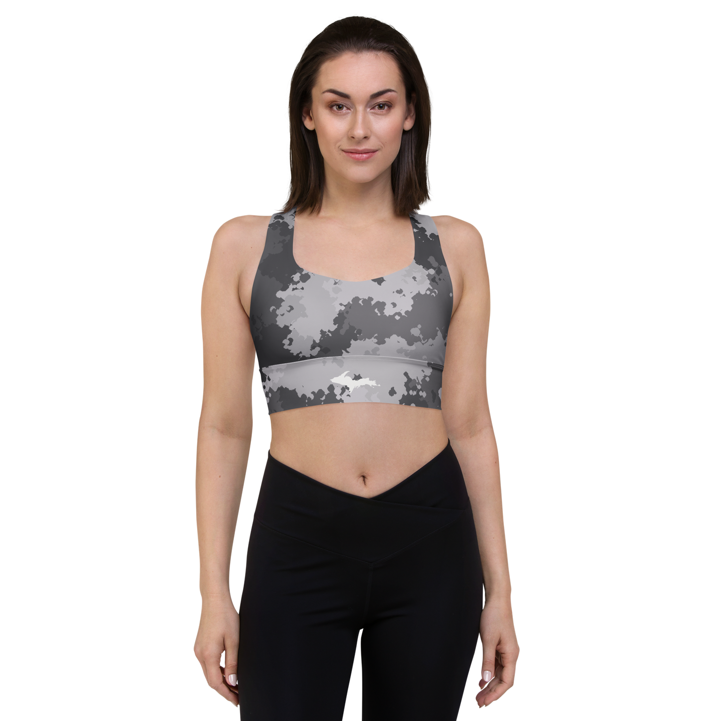 Michigan Upper Peninsula Longline Sports Bra (w/ UP Outline) | Iron Ore Grey