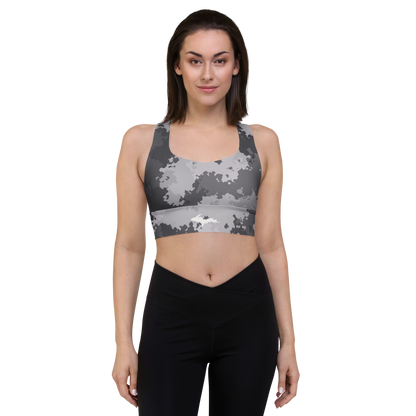 Michigan Upper Peninsula Longline Sports Bra (w/ UP Outline) | Iron Ore Grey