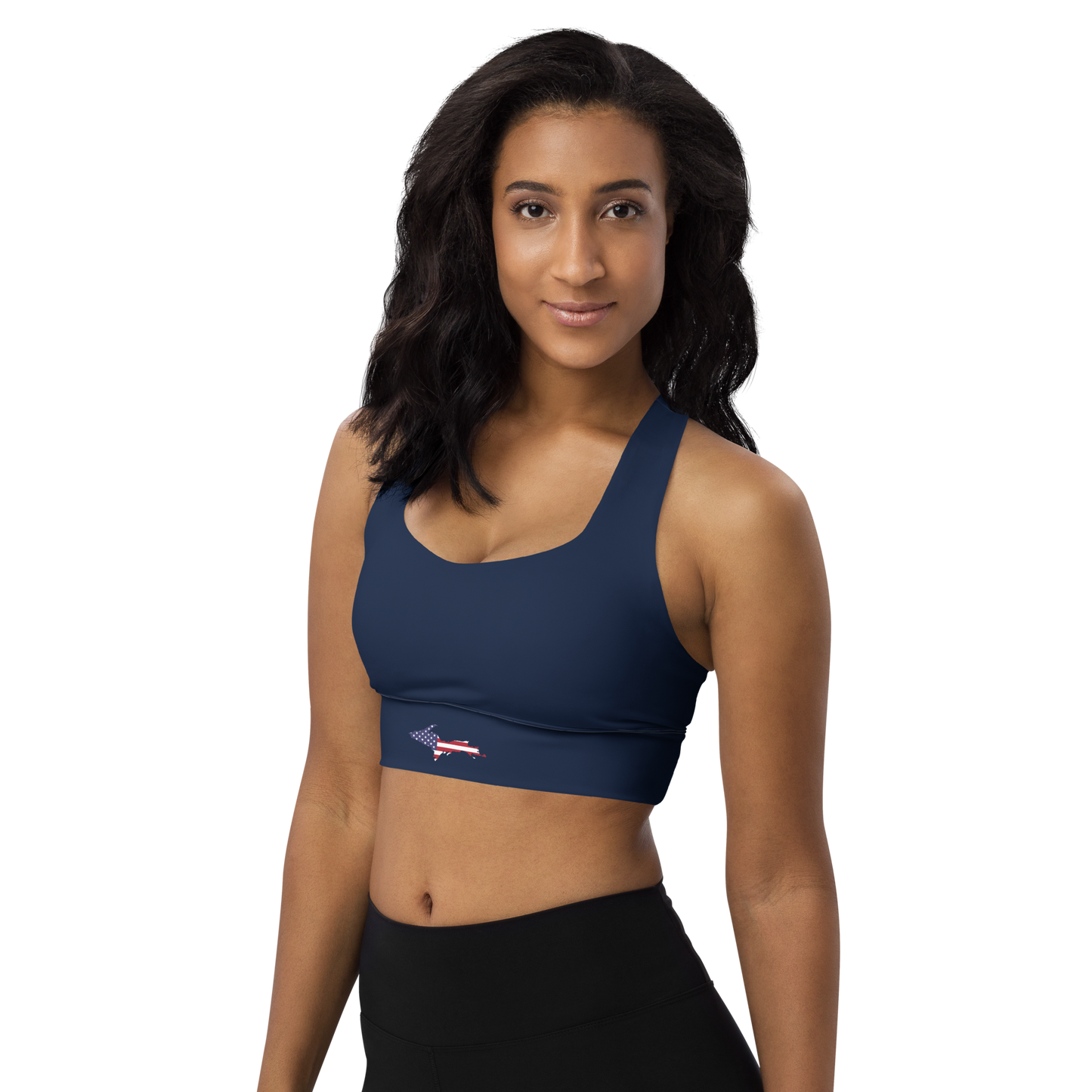 Michigan Upper Peninsula Longline Sports Bra (w/ UP USA Flag Outline) | Navy