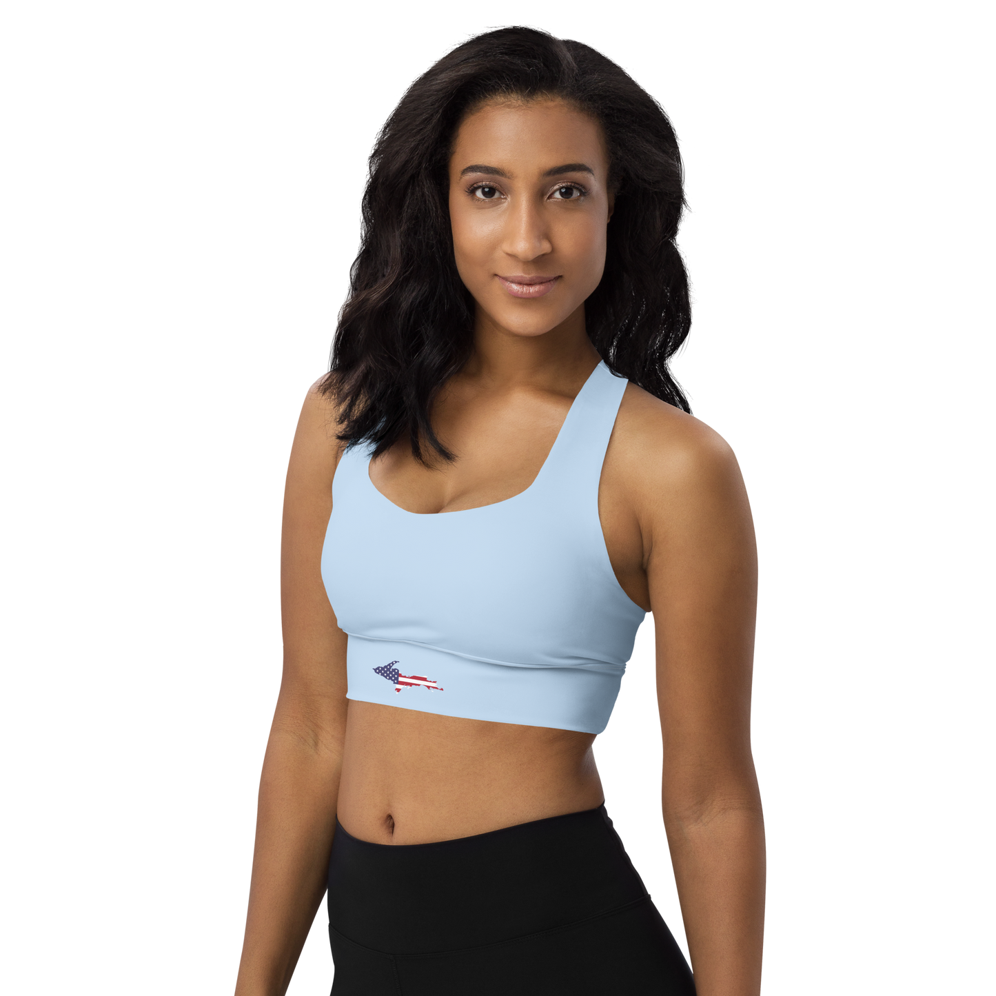 Michigan Upper Peninsula Longline Sports Bra (w/ UP USA Flag) | Light Blue