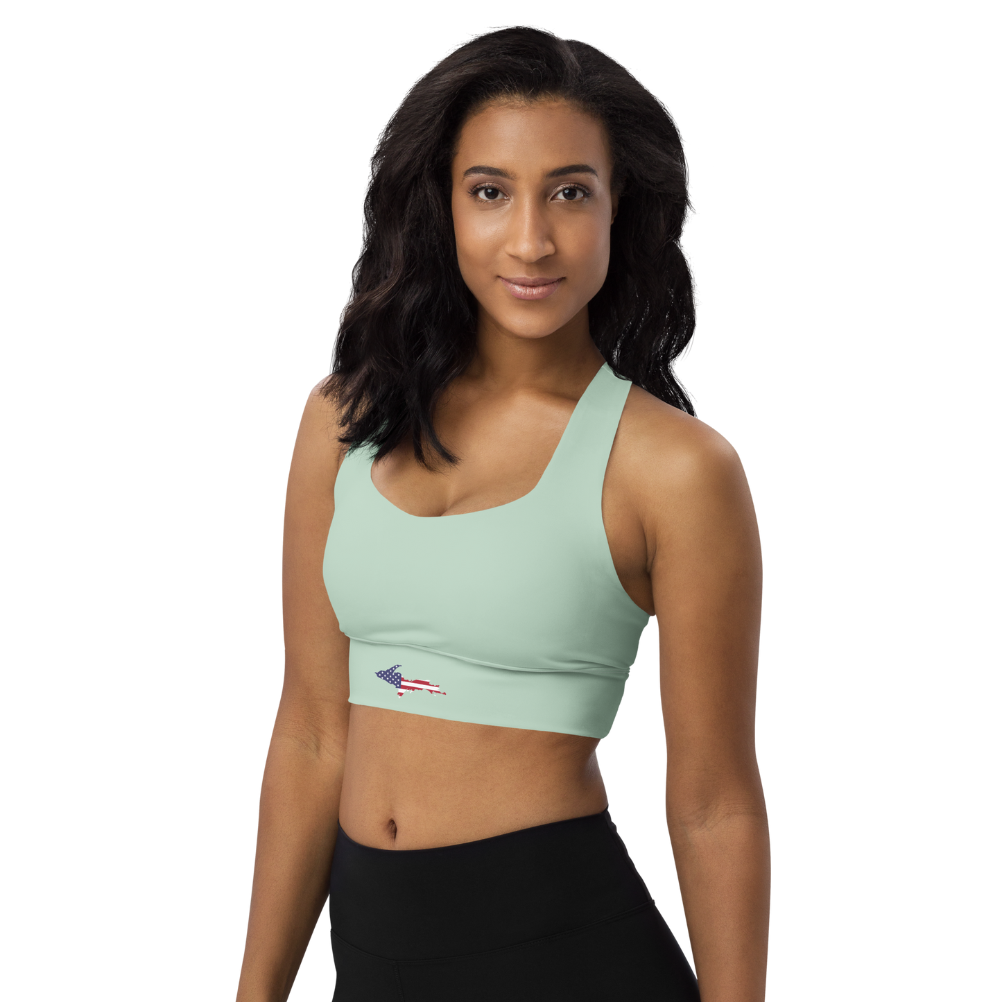 Michigan Upper Peninsula Longline Sports Bra (w/ UP USA Flag) | Sea Green