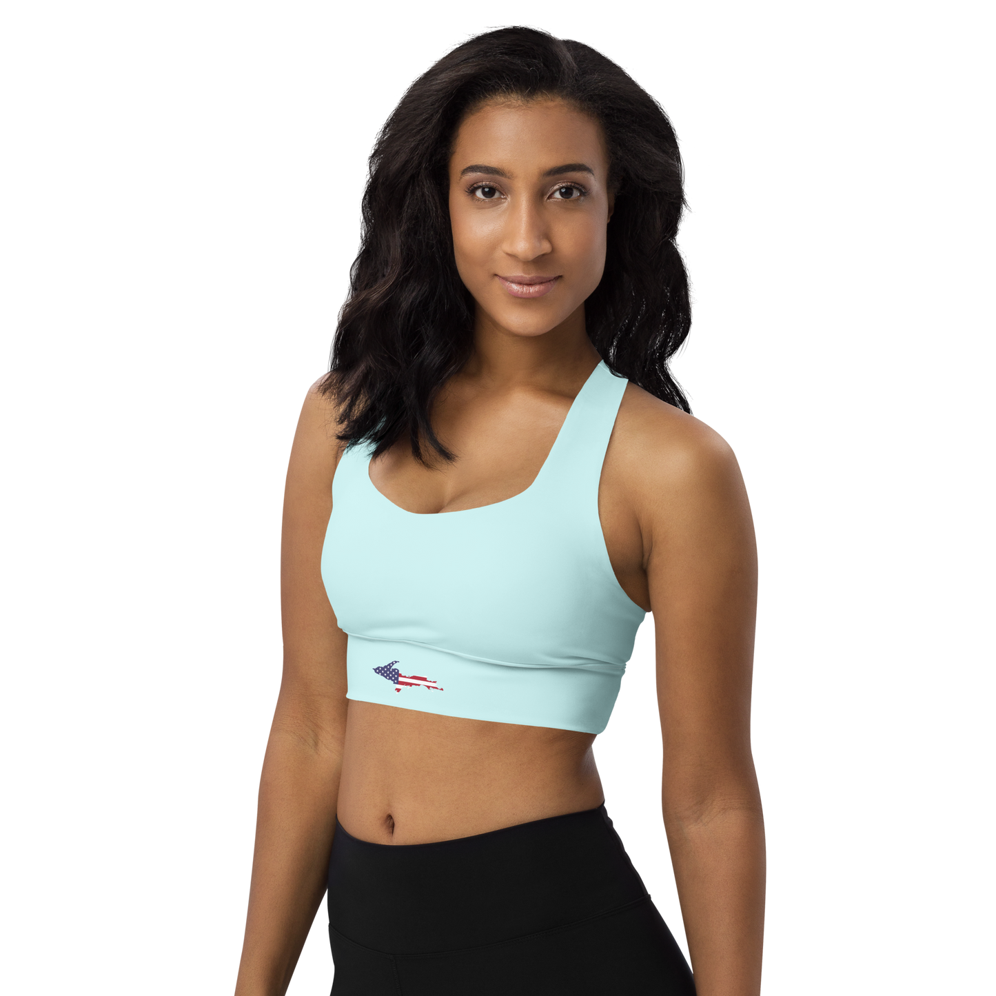 Michigan Upper Peninsula Longline Sports Bra (w/ UP USA Flag) | Cyan