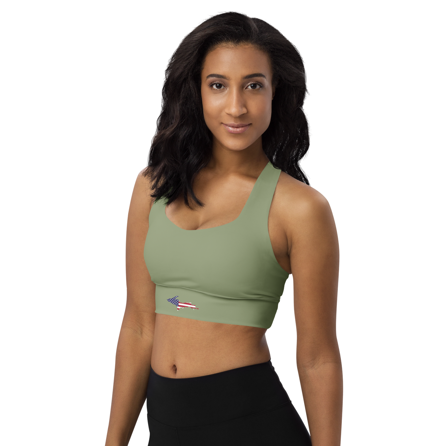 Michigan Upper Peninsula Longline Sports Bra (w/ UP USA Flag) | Beachgrass Green