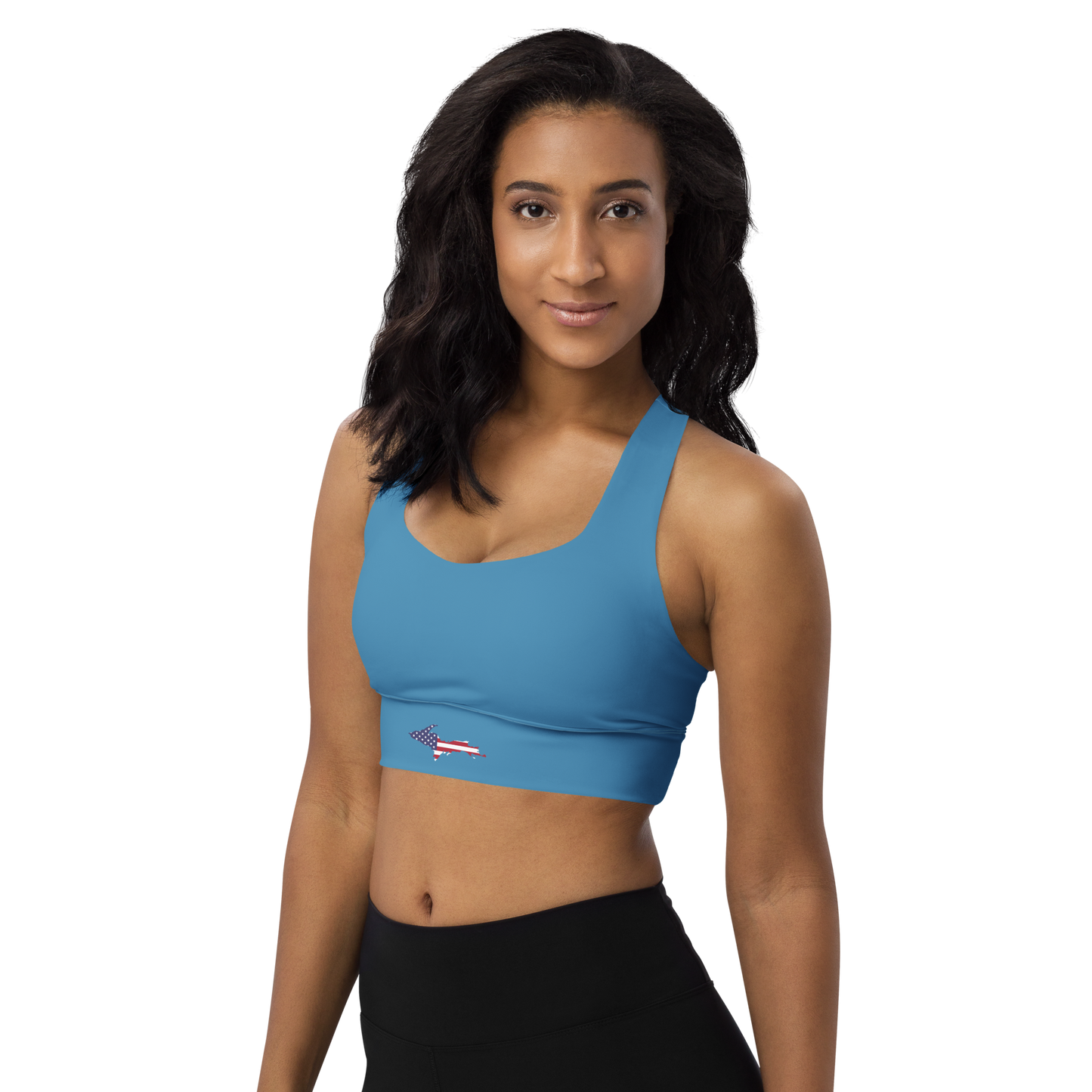 Michigan Upper Peninsula Longline Sports Bra (w/ UP USA Flag) | Lake Michigan Blue