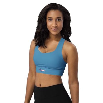 Michigan Upper Peninsula Longline Sports Bra (w/ UP USA Flag) | Lake Michigan Blue