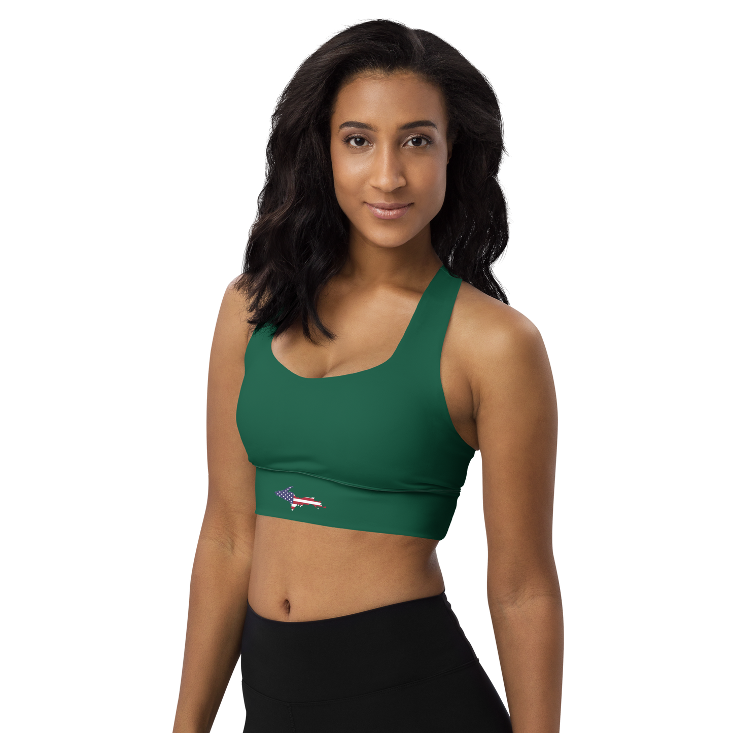 Michigan Upper Peninsula Longline Sports Bra (w/ UP USA Flag) | Superior Green