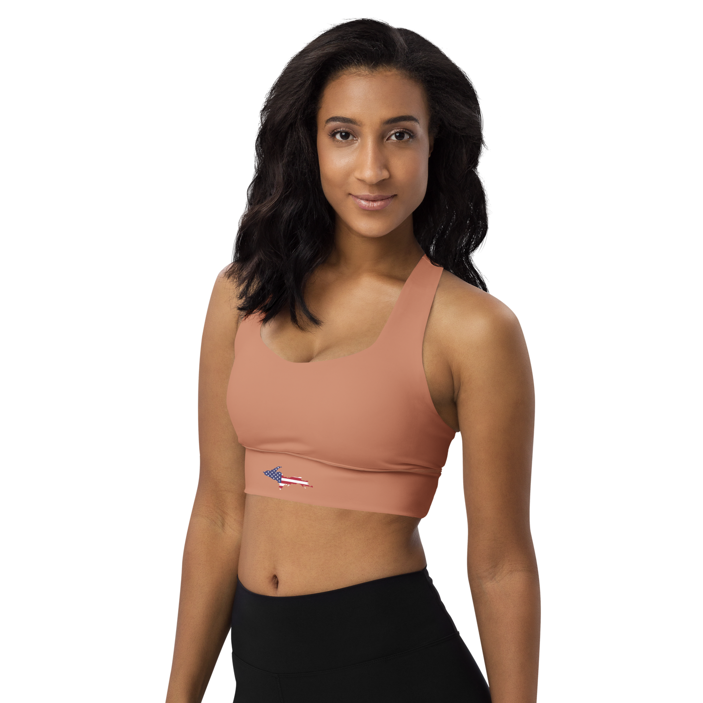 Michigan Upper Peninsula Longline Sports Bra (w/ UP USA Flag) | Copper Color