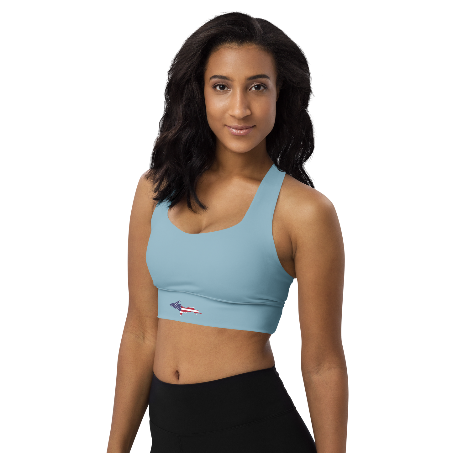 Michigan Upper Peninsula Longline Sports Bra (w/ UP USA Flag) | I Opal Blue