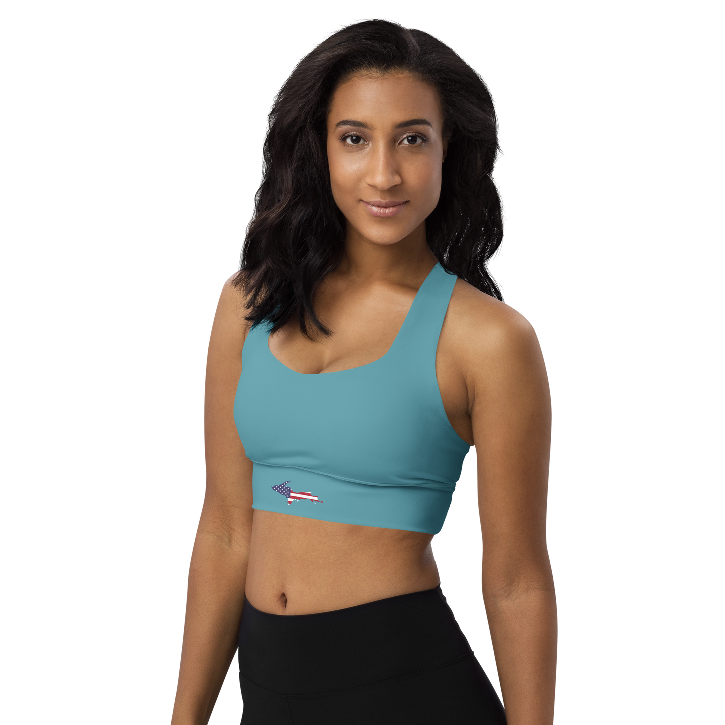 Michigan Upper Peninsula Longline Sports Bra (w/ UP USA Flag) | Lake Huron Blue