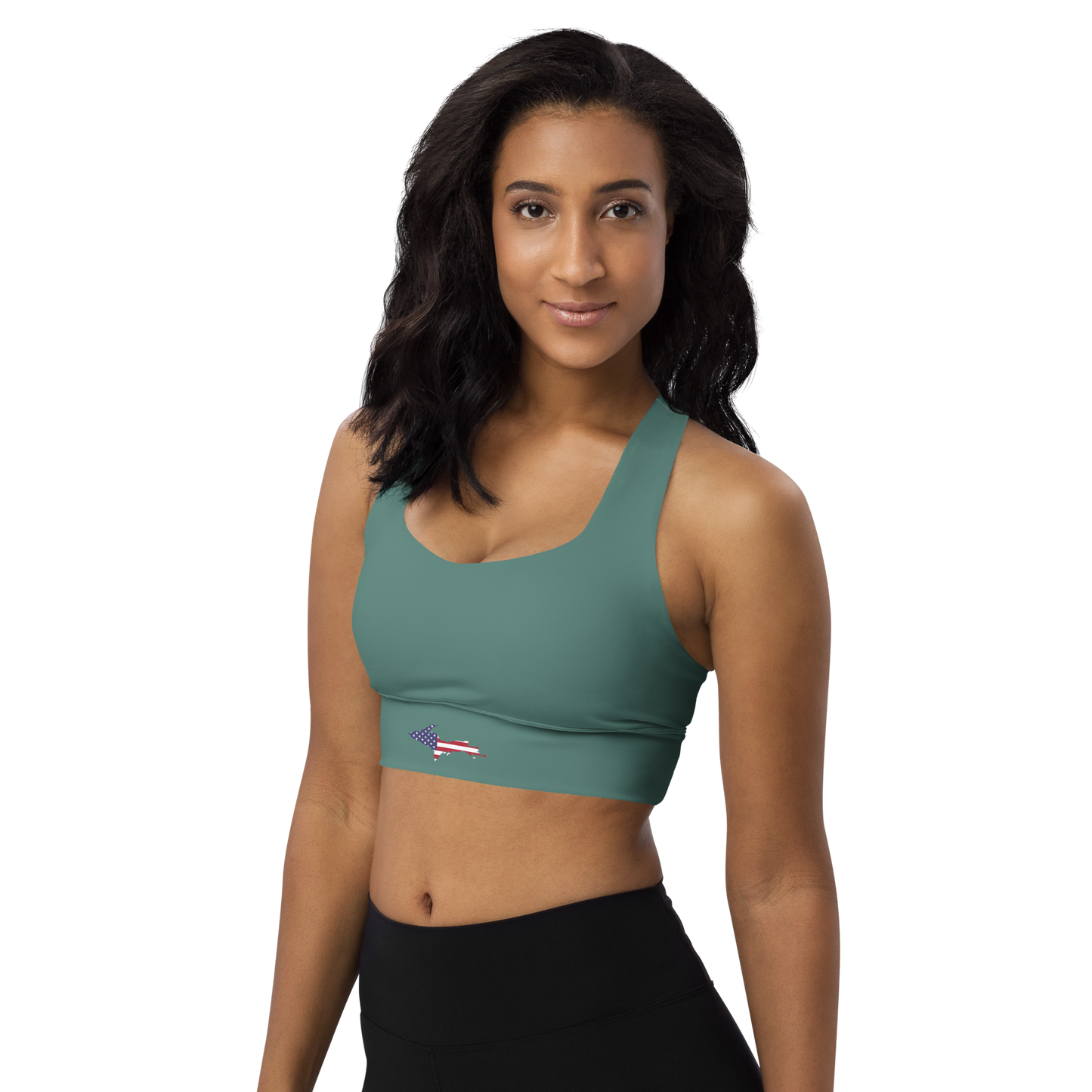 Michigan Upper Peninsula Longline Sports Bra (w/ UP USA Flag) | Copper Green