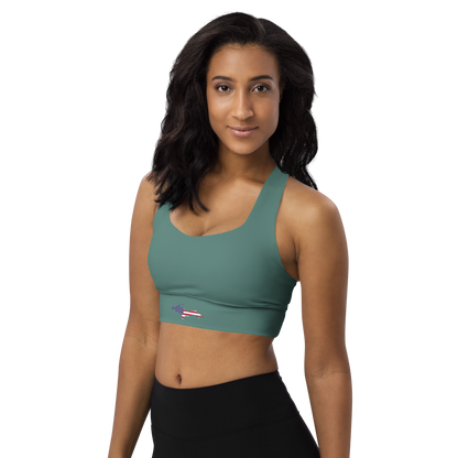 Michigan Upper Peninsula Longline Sports Bra (w/ UP USA Flag) | Copper Green