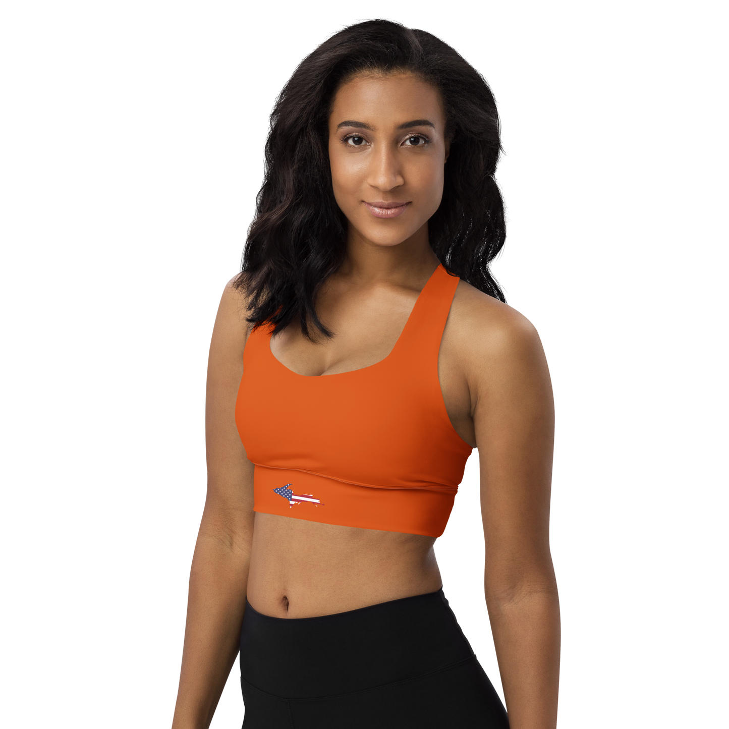 Michigan Upper Peninsula Longline Sports Bra (w/ UP USA Flag) | Maple Leaf Orange