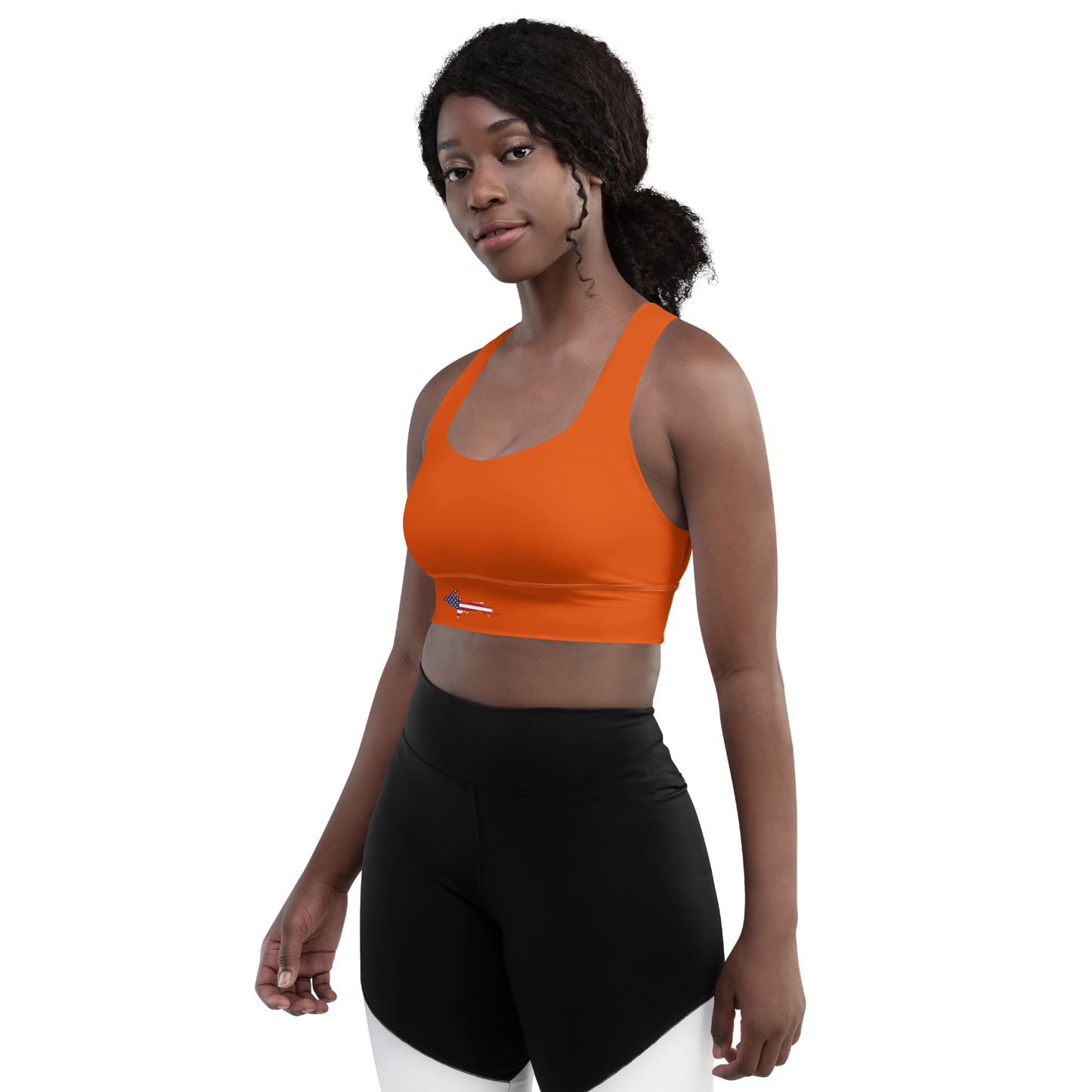 Michigan Upper Peninsula Longline Sports Bra (w/ UP USA Flag) | Maple Leaf Orange