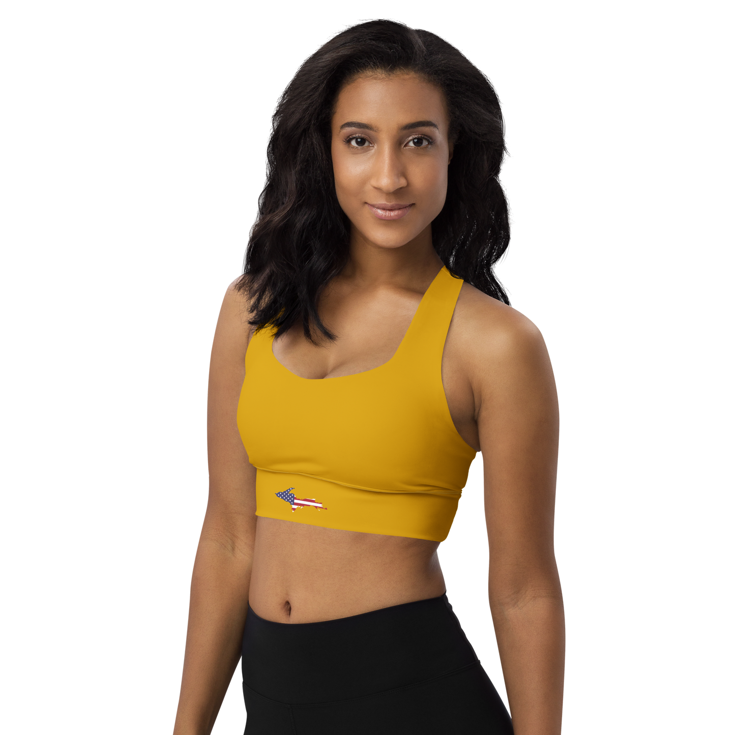 Michigan Upper Peninsula Longline Sports Bra (w/ UP USA Flag) | Gold