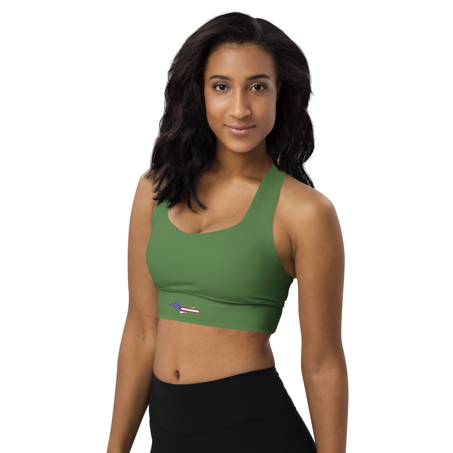 Michigan Upper Peninsula Longline Sports Bra (w/ UP USA Flag) | Pine Green