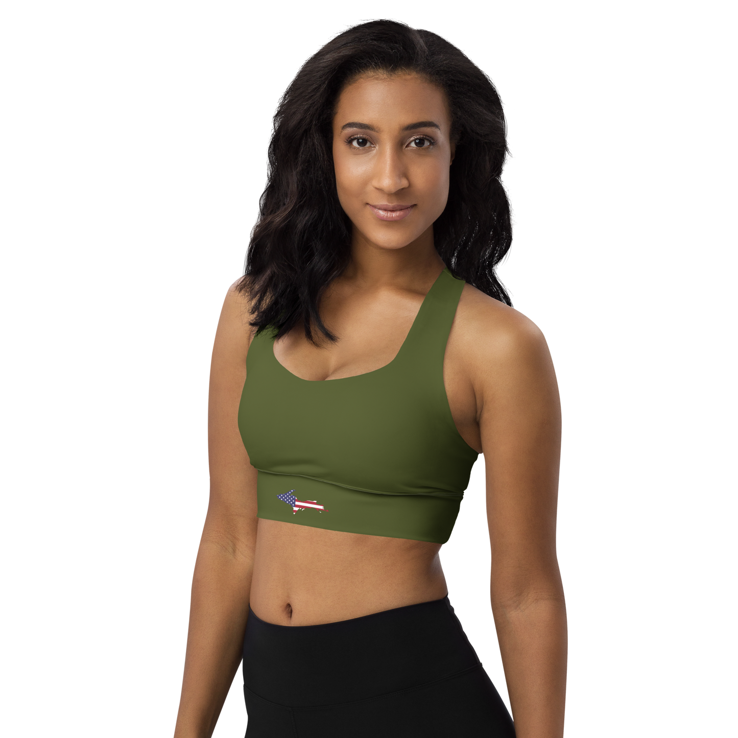 Michigan Upper Peninsula Longline Sports Bra (w/ UP USA Flag) | Army Green