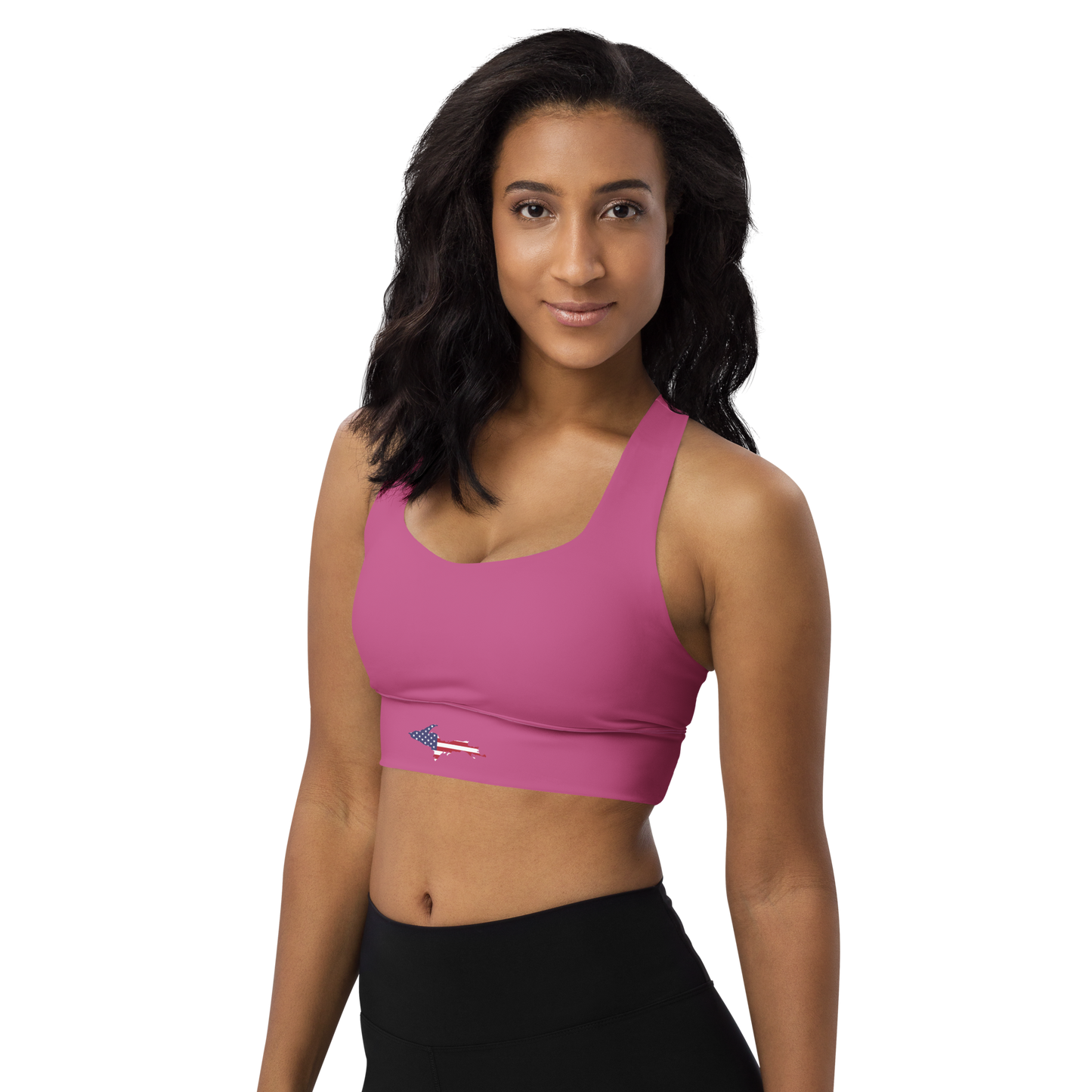 Michigan Upper Peninsula Longline Sports Bra (w/ UP USA Flag) | Apple Blossom Pink