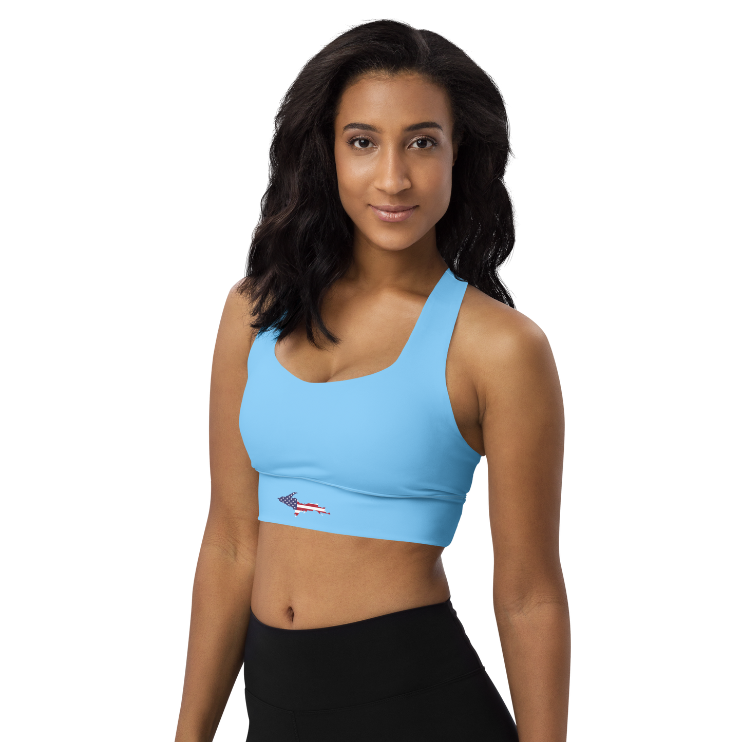 Michigan Upper Peninsula Longline Sports Bra (w/ UP USA Flag) | DTW Blue