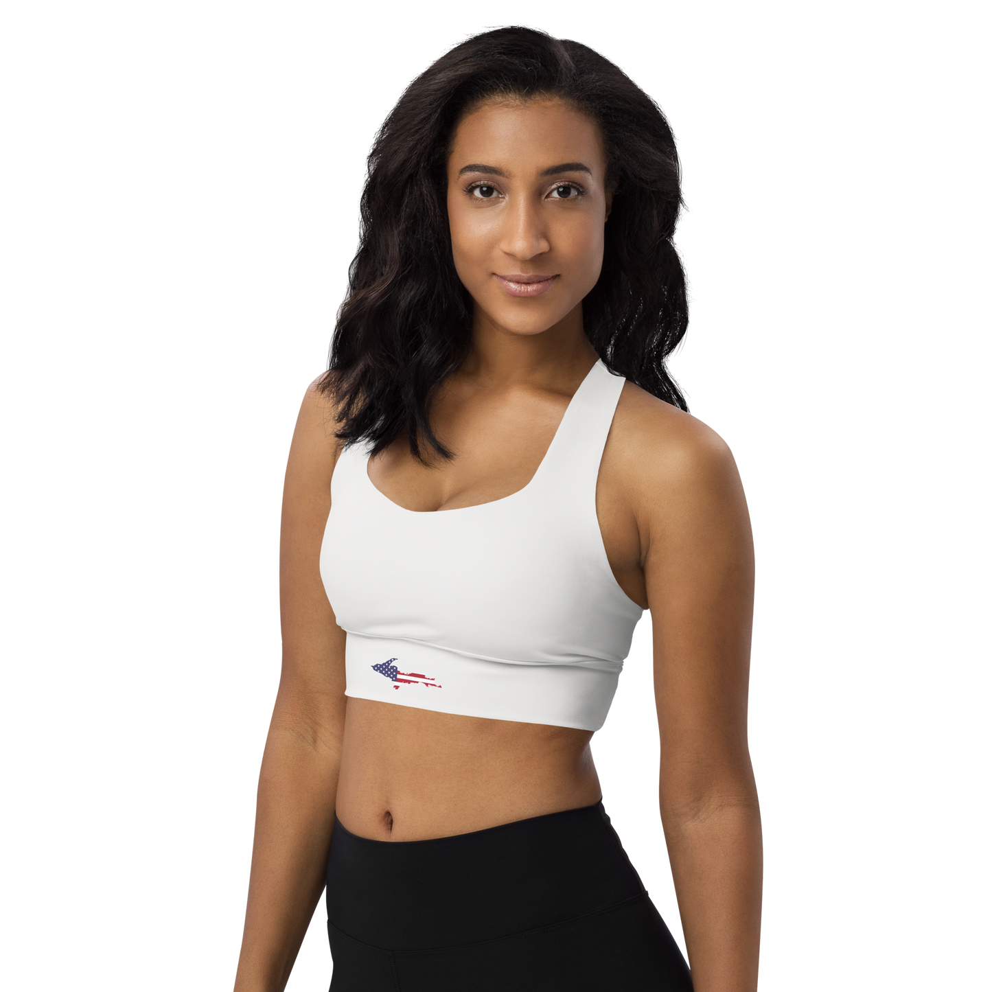 Michigan Upper Peninsula Longline Sports Bra (w/ UP USA Flag) | Birch Bark White